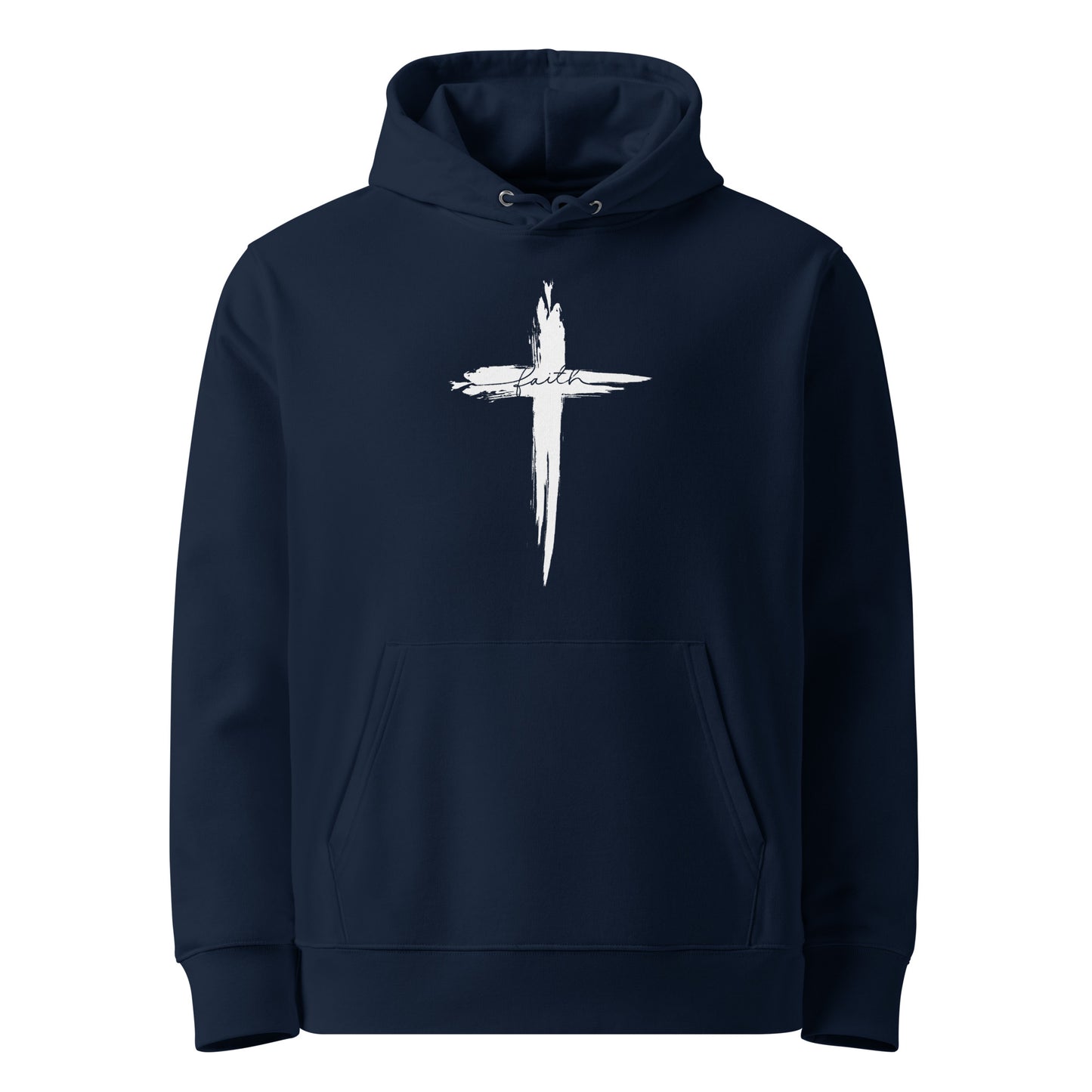 Blauer Unisex Hoodie aus 100% Bio-Baumwolle mit weißem Pinselstrich-Kreuz und elegantem 'faith'-Schriftzug – nachhaltige christliche Mode & Streetwear.