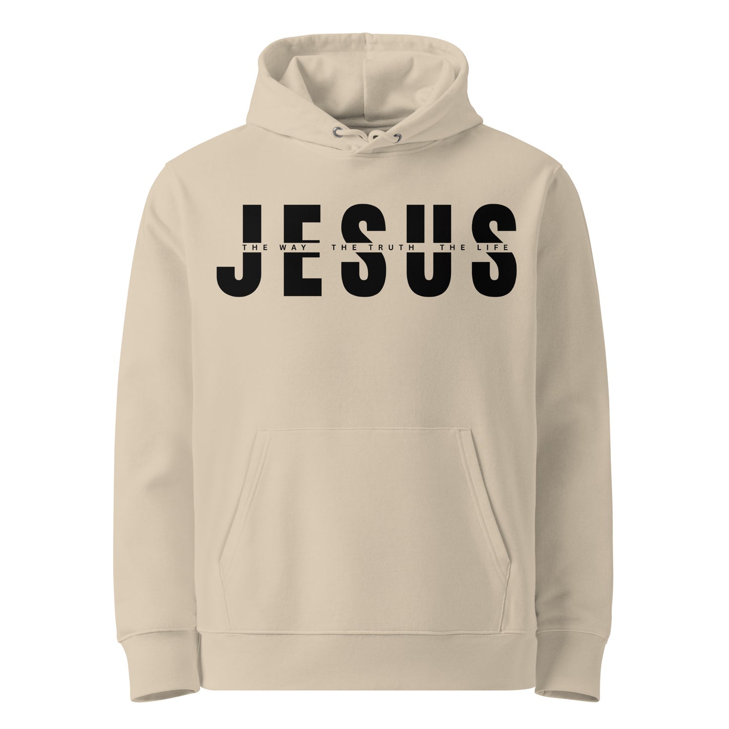 Sandfarbender Unisex Hoodie aus 100% Bio-Baumwolle mit dem großen schwarzem Schriftzug 'JESUS' und der kleineren Zeile 'THE WAY THE TRUTH THE LIFE' dazwischen – nachhaltige christliche Mode & Streetwear.