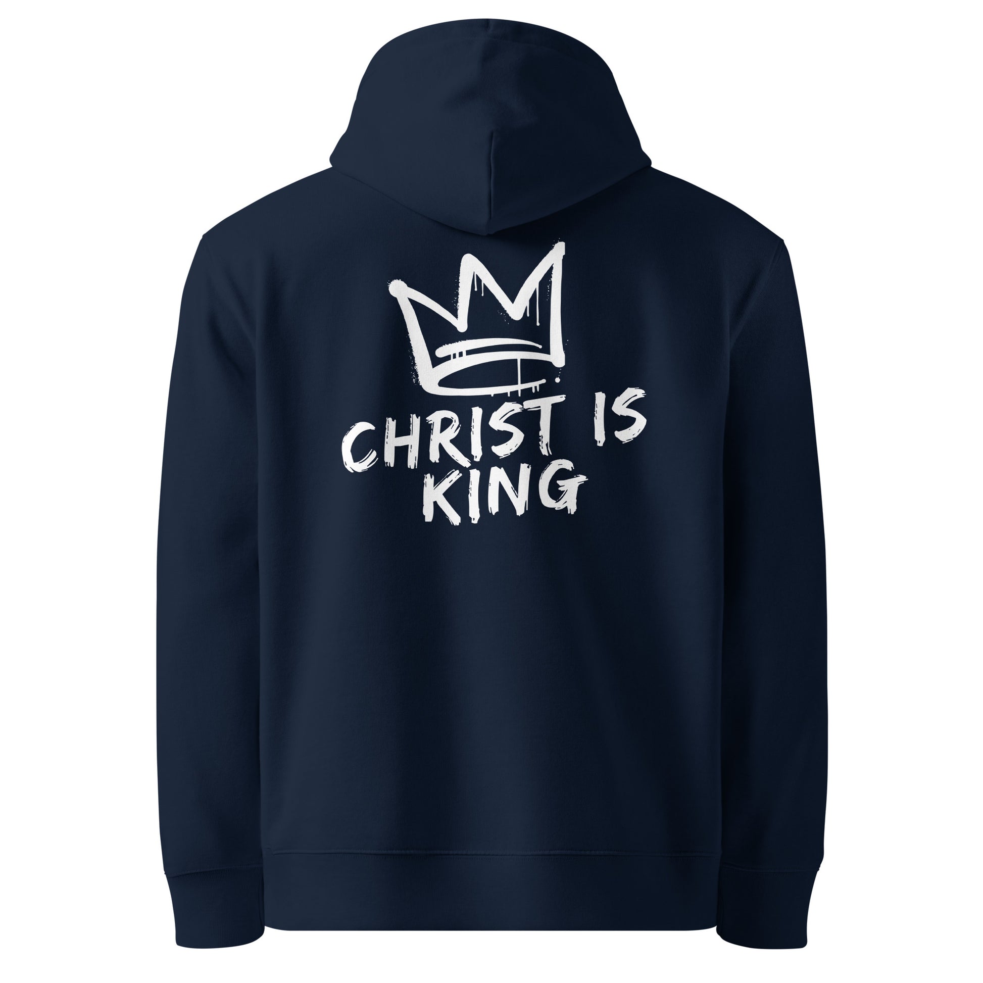 Blauer christlicher Hoodie mit weißem „Christ is King“ Print auf dem Rücken, Unisex Streetwear aus hochwertiger Baumwolle, Rückansicht von Crosscut Fashion.