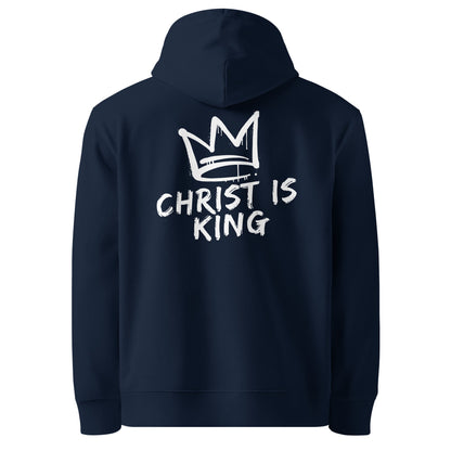 Blauer christlicher Hoodie mit weißem „Christ is King“ Print auf dem Rücken, Unisex Streetwear aus hochwertiger Baumwolle, Rückansicht von Crosscut Fashion.