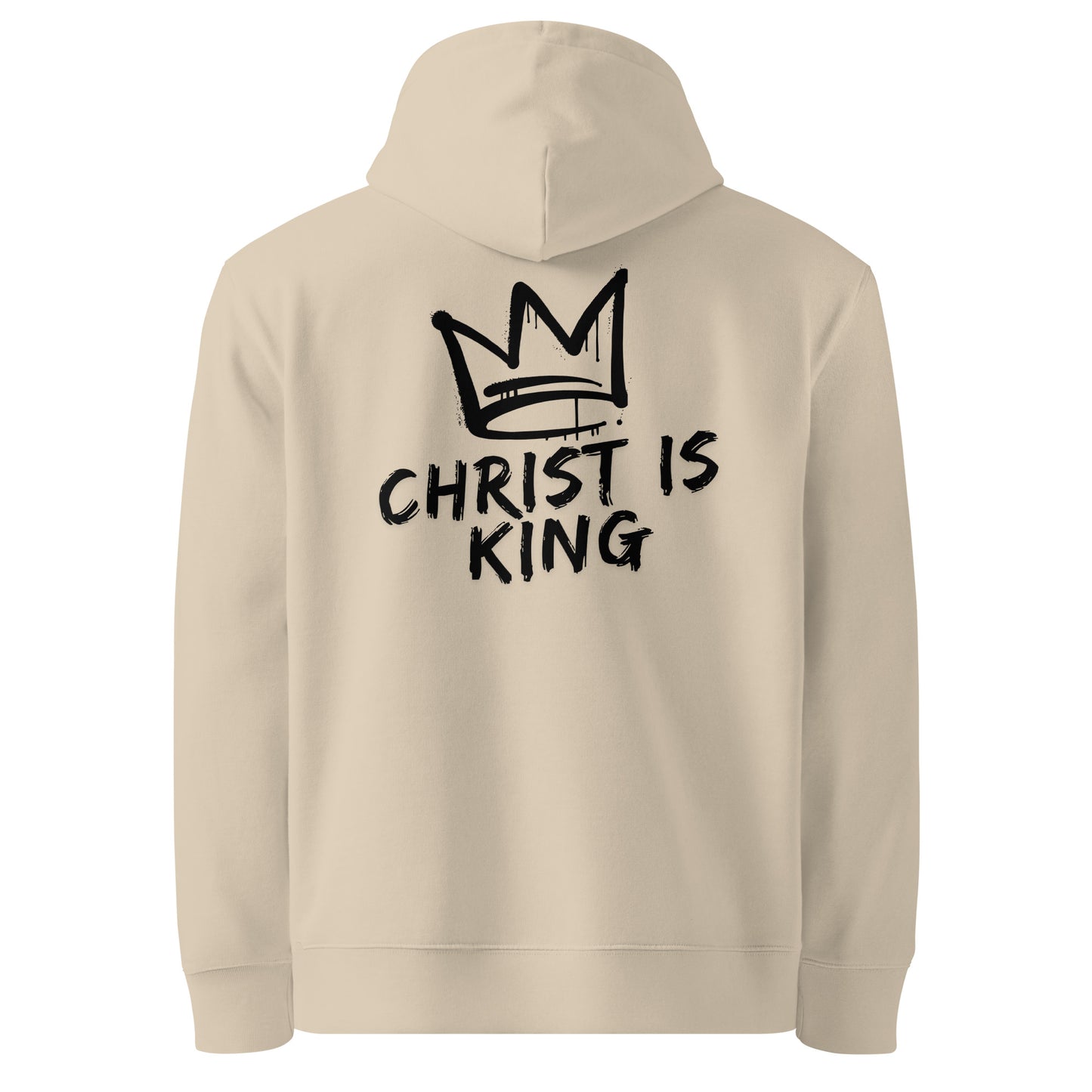 Sandfarbender christlicher Hoodie mit schwarzem „Christ is King“ Print auf dem Rücken, Unisex Streetwear aus hochwertiger Baumwolle, Rückansicht von Crosscut Fashion.
