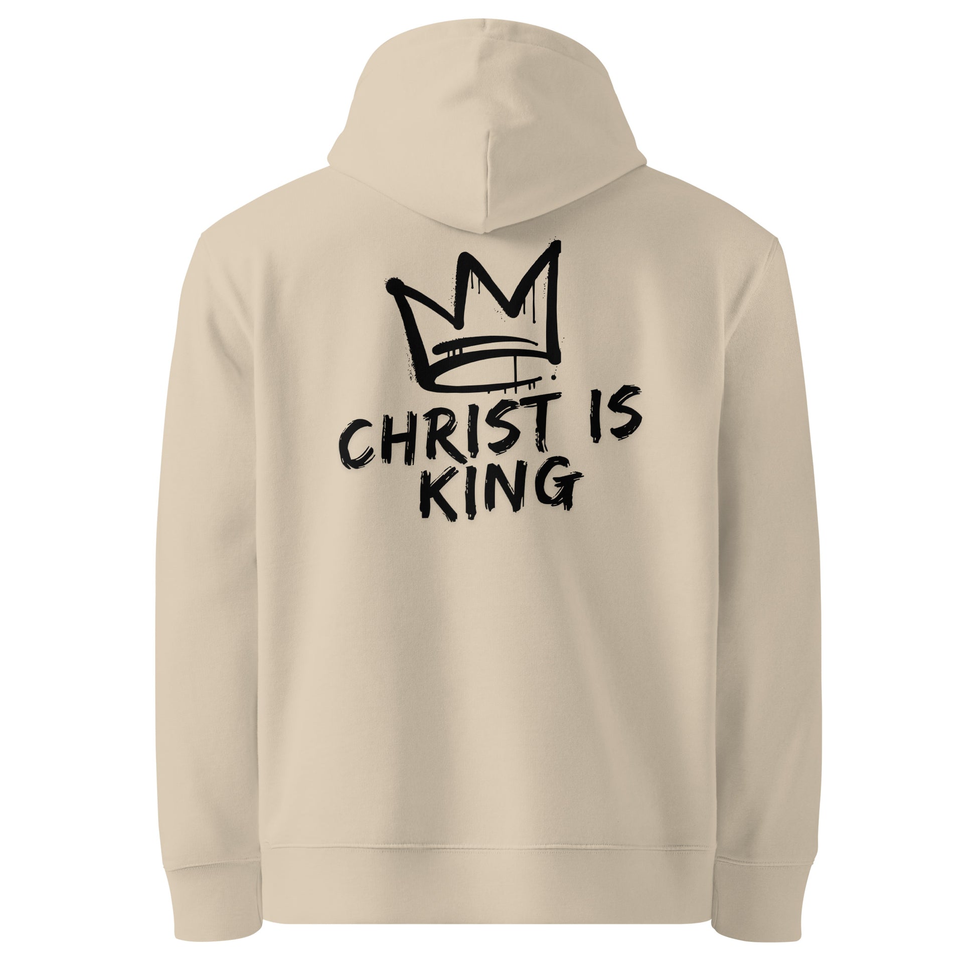 Sandfarbender christlicher Hoodie mit schwarzem „Christ is King“ Print auf dem Rücken, Unisex Streetwear aus hochwertiger Baumwolle, Rückansicht von Crosscut Fashion.