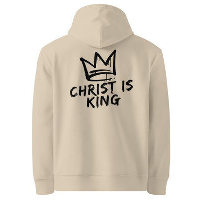 Sandfarbender christlicher Hoodie mit schwarzem „Christ is King“ Print auf dem Rücken, Unisex Streetwear aus hochwertiger Baumwolle, Rückansicht von Crosscut Fashion.