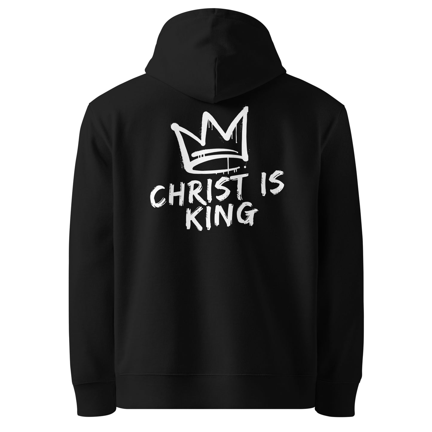 Schwarzer christlicher Hoodie mit weißem „Christ is King“ Print auf dem Rücken, Unisex Streetwear aus hochwertiger Baumwolle, Rückansicht von Crosscut Fashion.