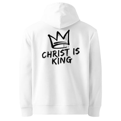 Weißer christlicher Hoodie mit schwarzem „Christ is King“ Print auf dem Rücken, Unisex Streetwear aus hochwertiger Baumwolle, Rückansicht von Crosscut Fashion.