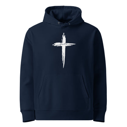 Blauer Unisex Hoodie aus 100% Bio-Baumwolle mit weißem Pinselstrich-Kreuz und elegantem 'faith'-Schriftzug – nachhaltige christliche Mode & Streetwear.