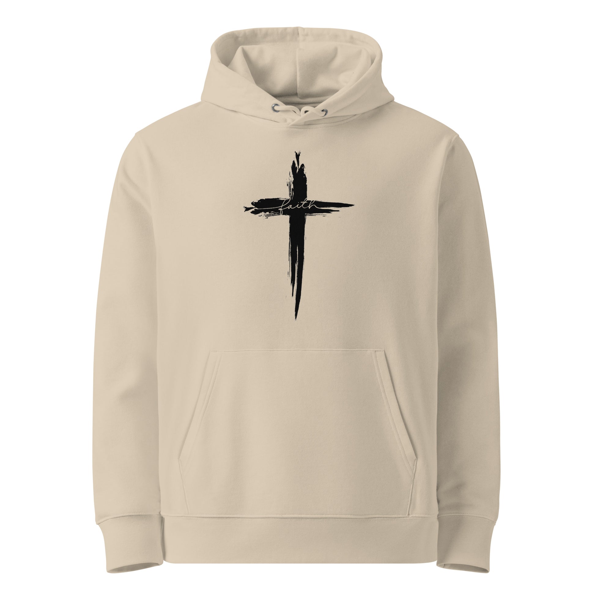 Sandfarbender Unisex Hoodie aus 100% Bio-Baumwolle mit schwarzem Pinselstrich-Kreuz und elegantem 'faith'-Schriftzug – nachhaltige christliche Mode & Streetwear.