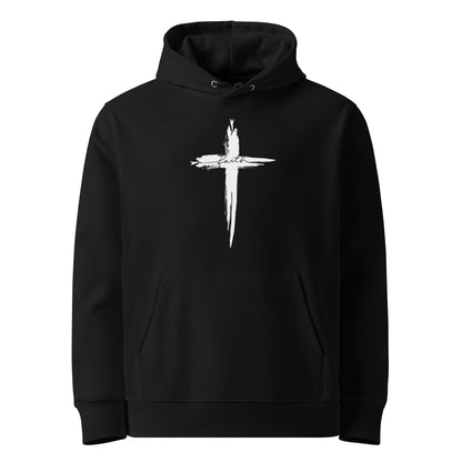 Schwarzer Unisex Hoodie aus 100% Bio-Baumwolle mit weißem Pinselstrich-Kreuz und elegantem 'faith'-Schriftzug – nachhaltige christliche Mode & Streetwear.