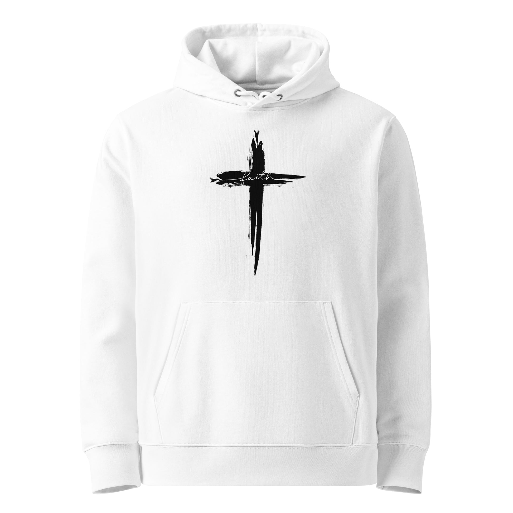 Weißer Unisex Hoodie aus 100% Bio-Baumwolle mit schwarzem Pinselstrich-Kreuz und elegantem 'faith'-Schriftzug – nachhaltige christliche Mode & Streetwear.