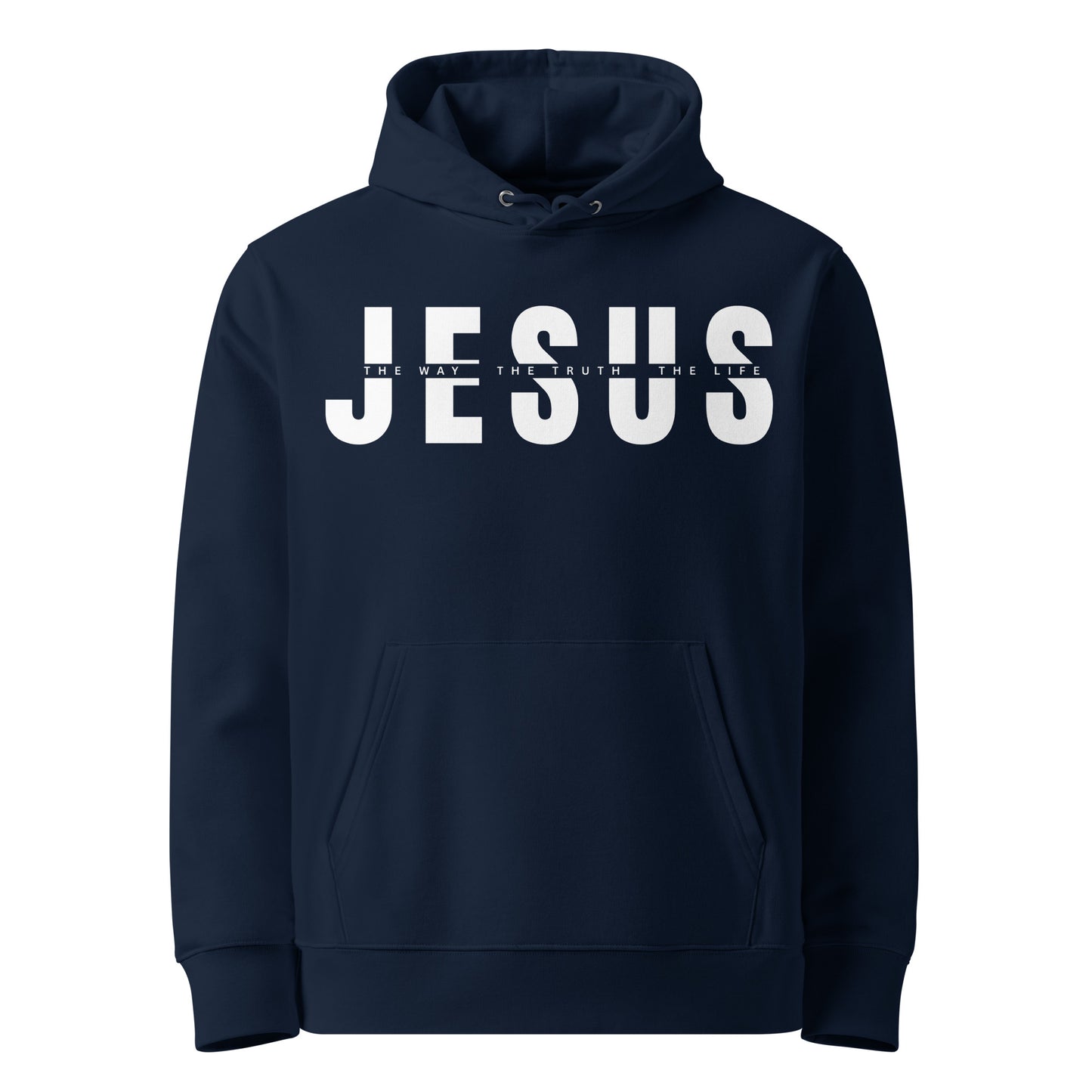 Blauer Unisex Hoodie aus 100% Bio-Baumwolle mit dem großen weißem Schriftzug 'JESUS' und der kleineren Zeile 'THE WAY THE TRUTH THE LIFE' dazwischen – nachhaltige christliche Mode & Streetwear.