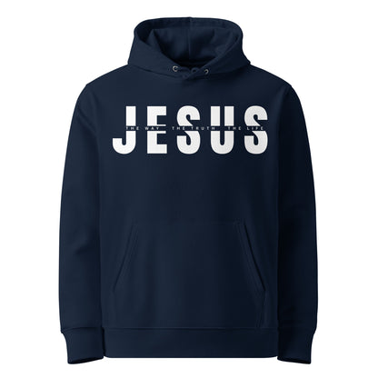 Blauer Unisex Hoodie aus 100% Bio-Baumwolle mit dem großen weißem Schriftzug 'JESUS' und der kleineren Zeile 'THE WAY THE TRUTH THE LIFE' dazwischen – nachhaltige christliche Mode & Streetwear.
