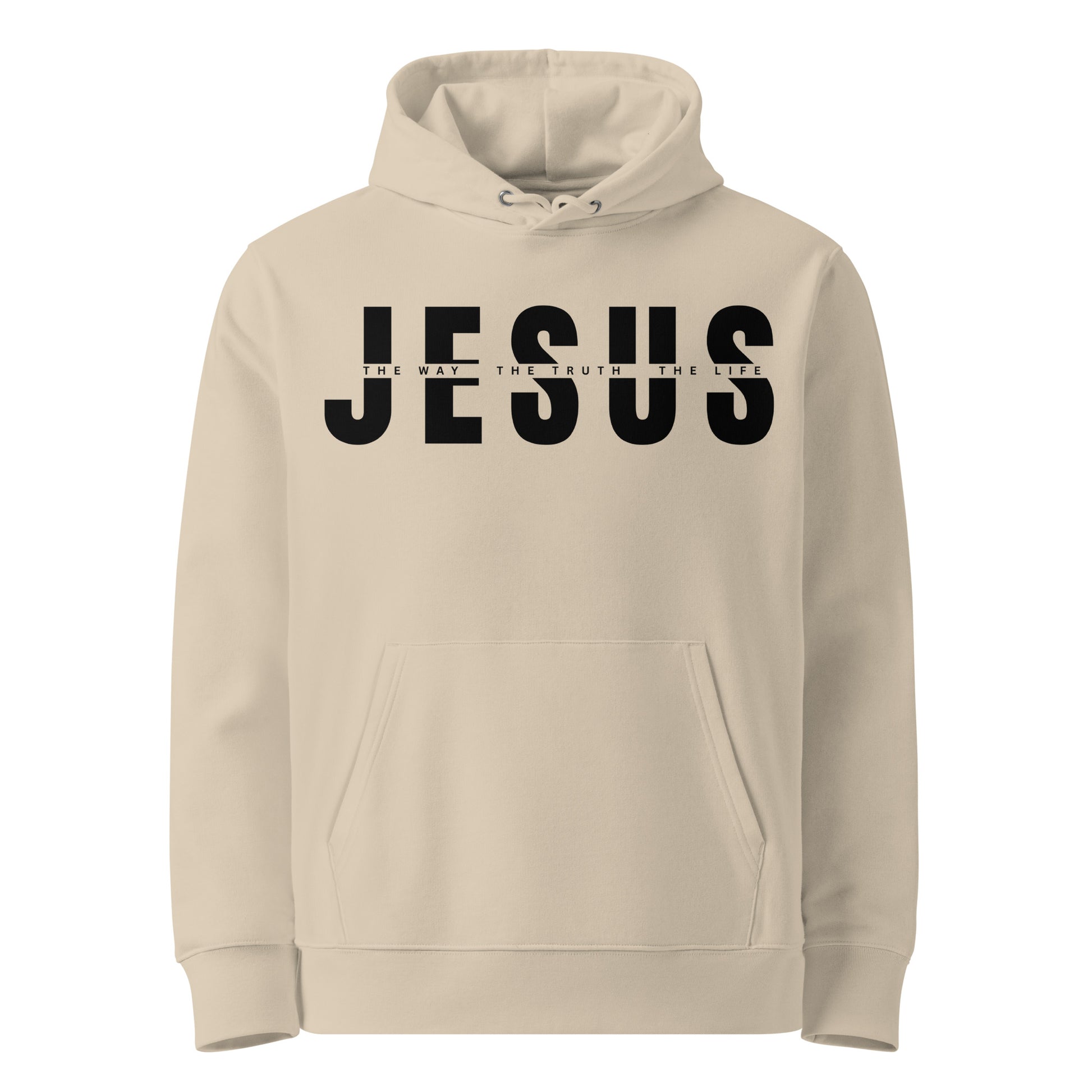 Sandfarbender Unisex Hoodie aus 100% Bio-Baumwolle mit dem großen schwarzem Schriftzug 'JESUS' und der kleineren Zeile 'THE WAY THE TRUTH THE LIFE' dazwischen – nachhaltige christliche Mode & Streetwear.