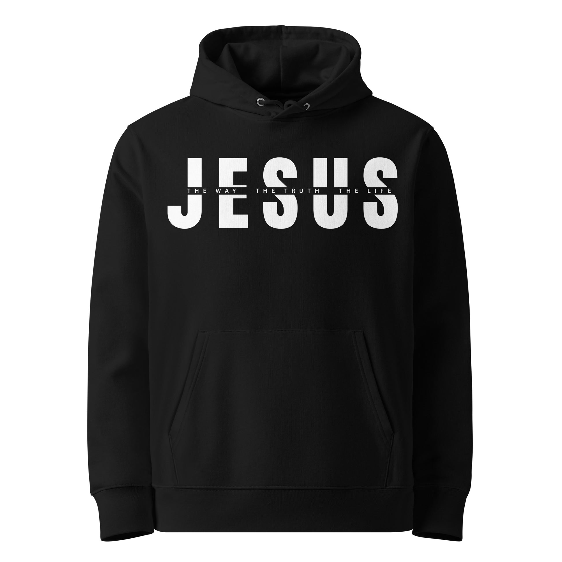 Schwarzer Unisex Hoodie aus 100% Bio-Baumwolle mit dem großen weißem Schriftzug 'JESUS' und der kleineren Zeile 'THE WAY THE TRUTH THE LIFE' dazwischen – nachhaltige christliche Mode & Streetwear.