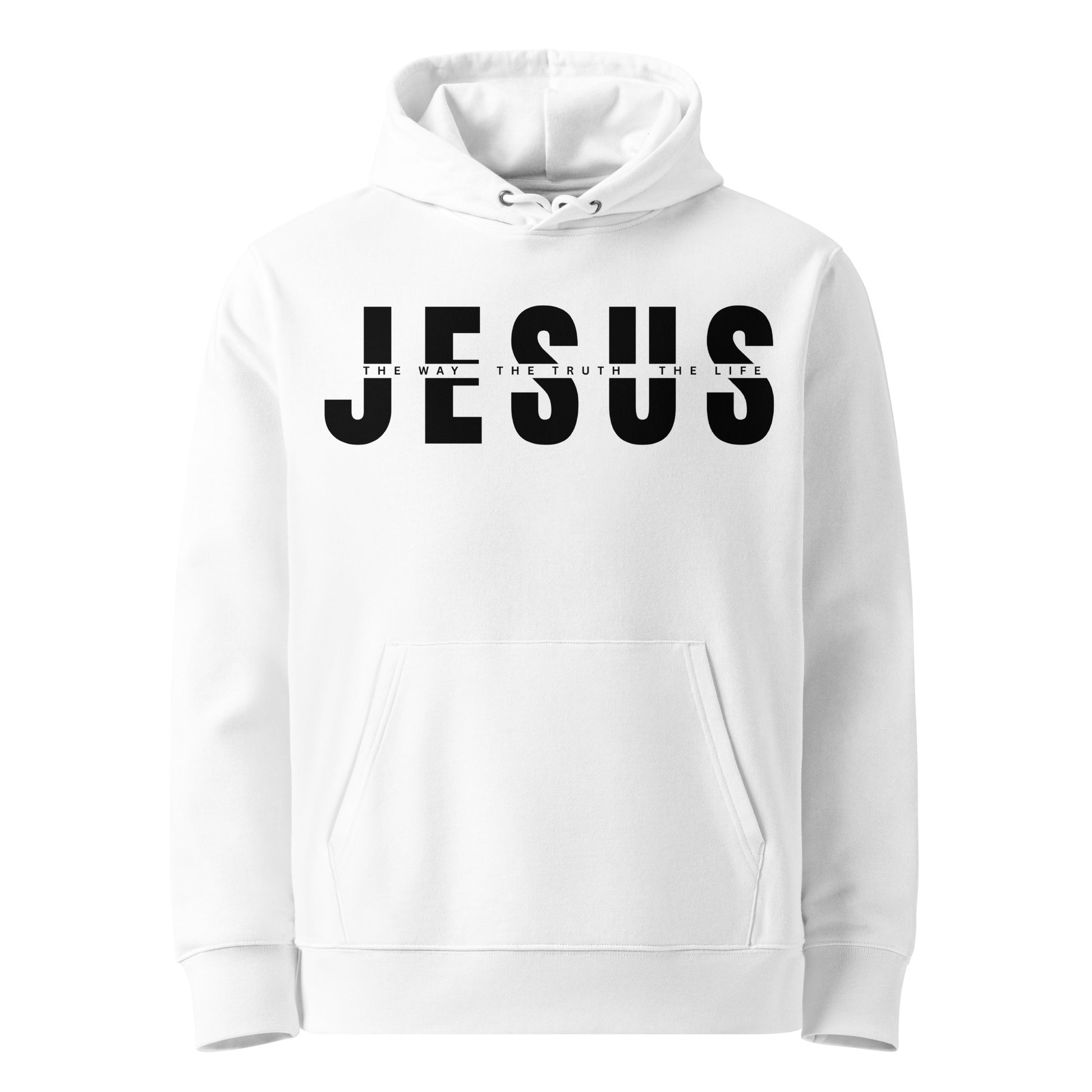 Weißer Unisex Hoodie aus 100% Bio-Baumwolle mit dem großen schwarzem Schriftzug 'JESUS' und der kleineren Zeile 'THE WAY THE TRUTH THE LIFE' dazwischen – nachhaltige christliche Mode & Streetwear.