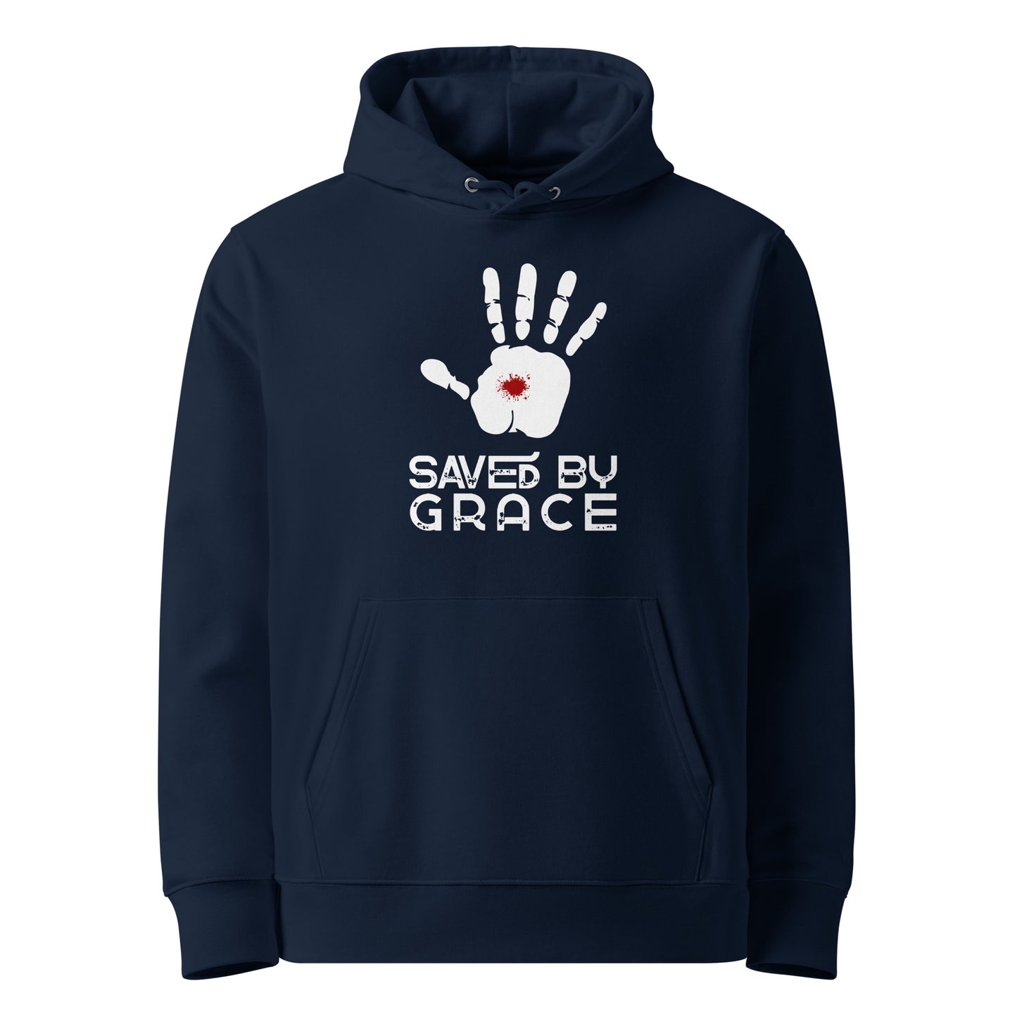 Blauer Unisex Hoodie aus 100% Bio-Baumwolle mit weißem Handabdruck, rotem Wundmal-Detail in der Handfläche und dem Schriftzug 'SAVED BY GRACE' – nachhaltige christliche Mode & Streetwear.