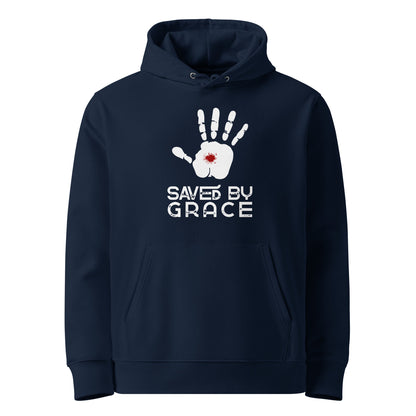 Blauer Unisex Hoodie aus 100% Bio-Baumwolle mit weißem Handabdruck, rotem Wundmal-Detail in der Handfläche und dem Schriftzug 'SAVED BY GRACE' – nachhaltige christliche Mode & Streetwear.