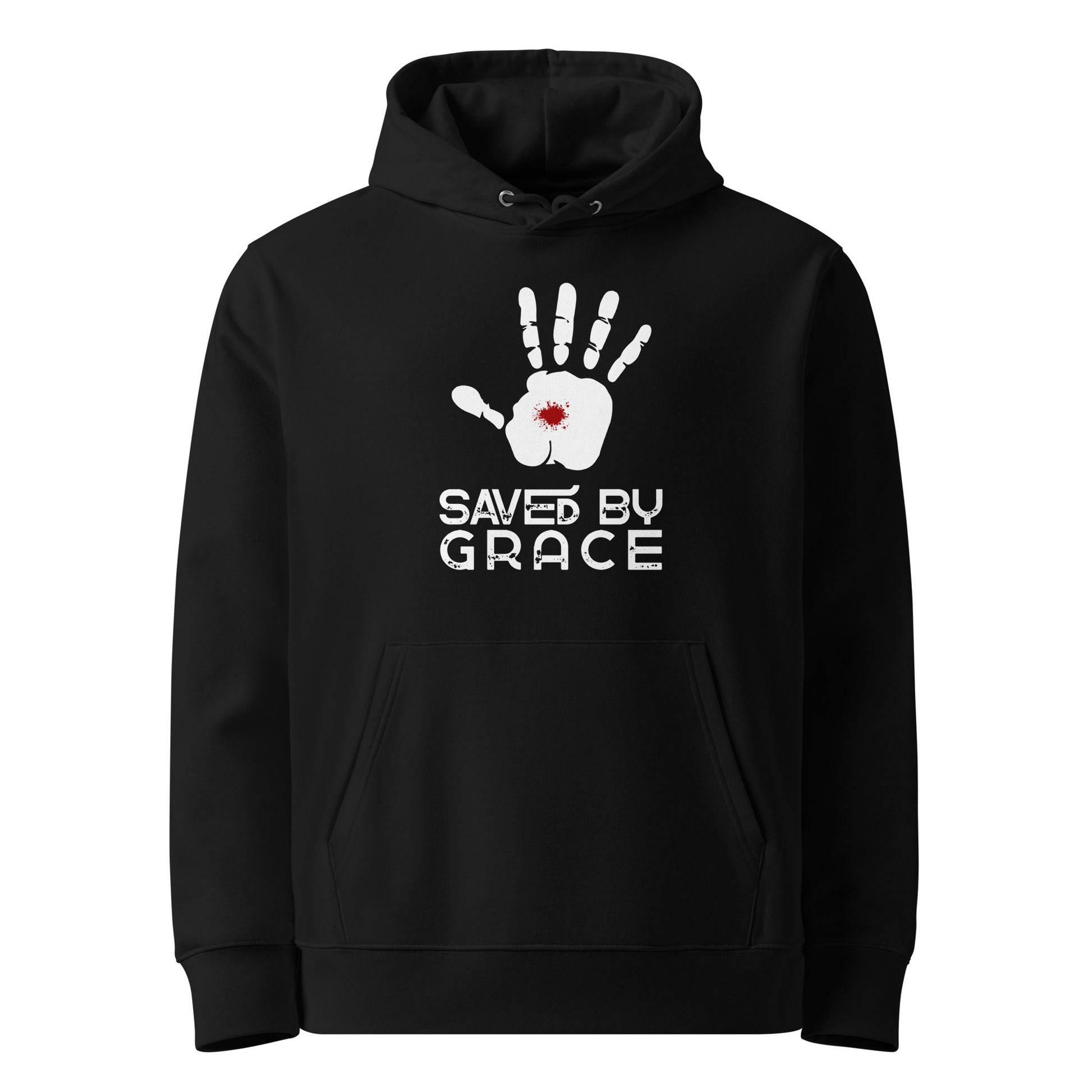 Schwarzer Unisex Hoodie aus 100% Bio-Baumwolle mit weißem Handabdruck, rotem Wundmal-Detail in der Handfläche und dem Schriftzug 'SAVED BY GRACE' – nachhaltige christliche Mode & Streetwear.