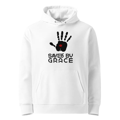 Weißer Unisex Hoodie aus 100% Bio-Baumwolle mit schwarzem Handabdruck, rotem Wundmal-Detail in der Handfläche und dem Schriftzug 'SAVED BY GRACE' – nachhaltige christliche Mode & Streetwear.