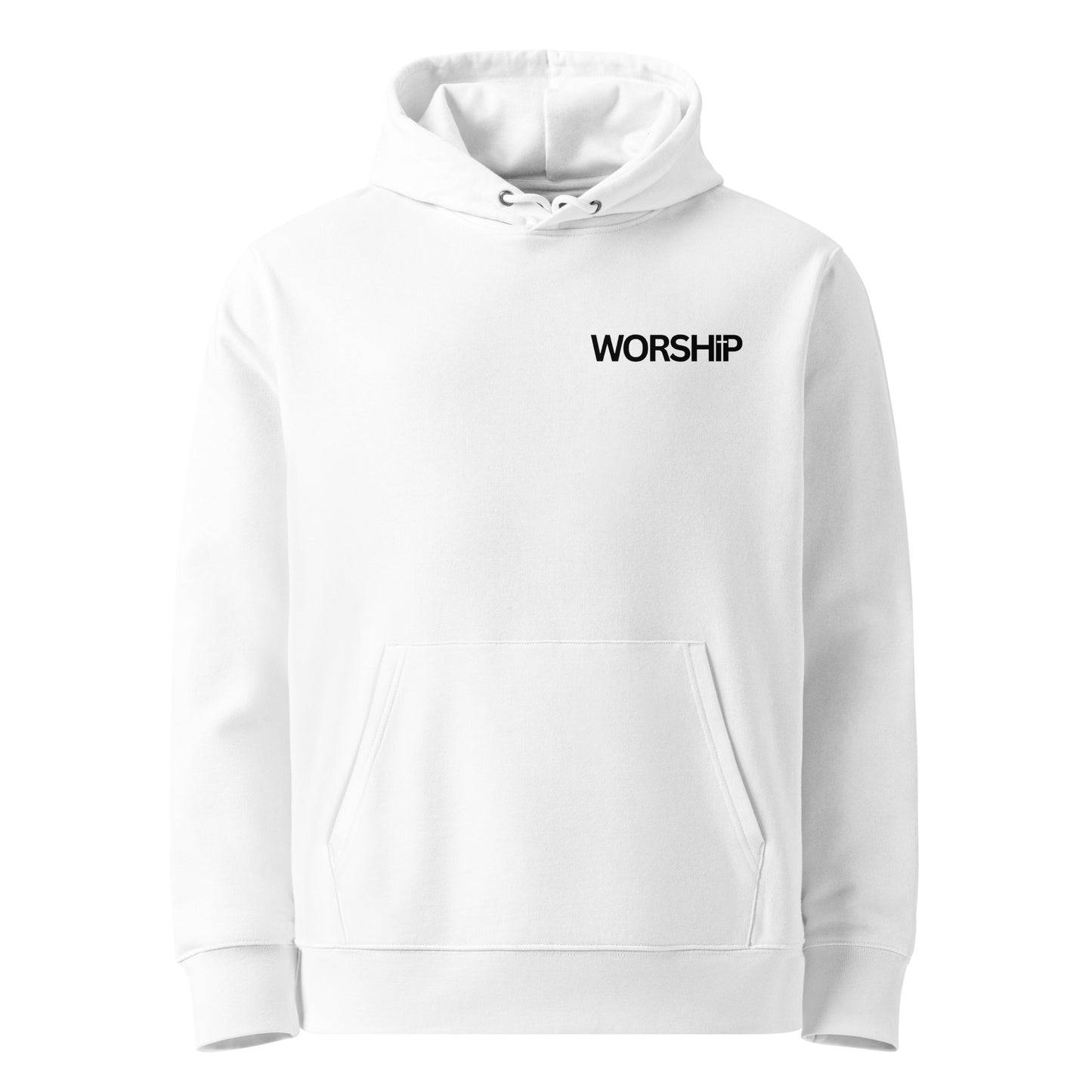 Weißer Unisex Hoodie aus 100% Bio-Baumwolle mit dem schwarzen Schriftzug 'WORSHIP', wobei das 'I' durch ein stilisiertes Kreuz ersetzt ist – nachhaltige christliche Mode & Streetwear.