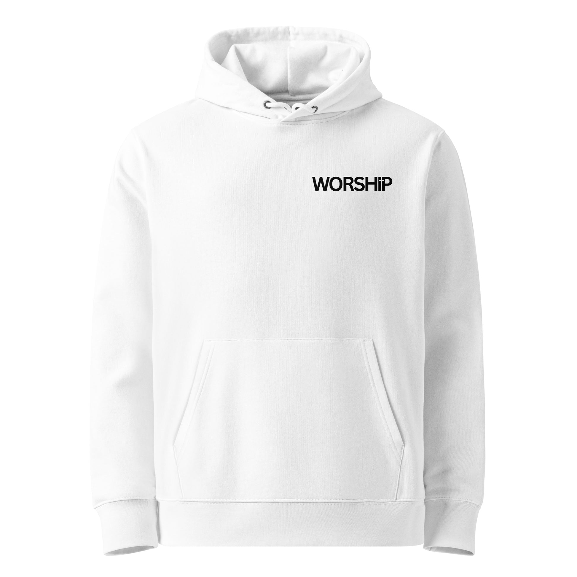 Weißer Unisex Hoodie aus 100% Bio-Baumwolle mit dem schwarzen Schriftzug 'WORSHIP', wobei das 'I' durch ein stilisiertes Kreuz ersetzt ist – nachhaltige christliche Mode & Streetwear.