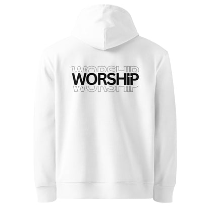 Schwarzer Unisex Hoodie aus 100% Bio-Baumwolle mit dem schwarzen Schriftzug 'WORSHIP', wobei das 'I' durch ein stilisiertes Kreuz ersetzt ist – nachhaltige christliche Mode & Streetwear.